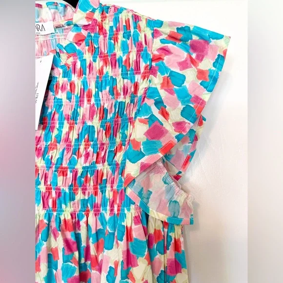 Avara Colorful Watercolor Print Smocked Babydoll Top in Pink, Blue, Green - Picture 5 of 11